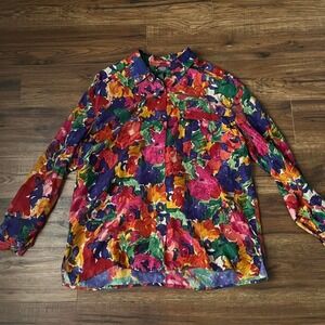 Vintage Colourful Floral‎ 100% Silk Button Up Women 3X Maximalist Boho Retro
